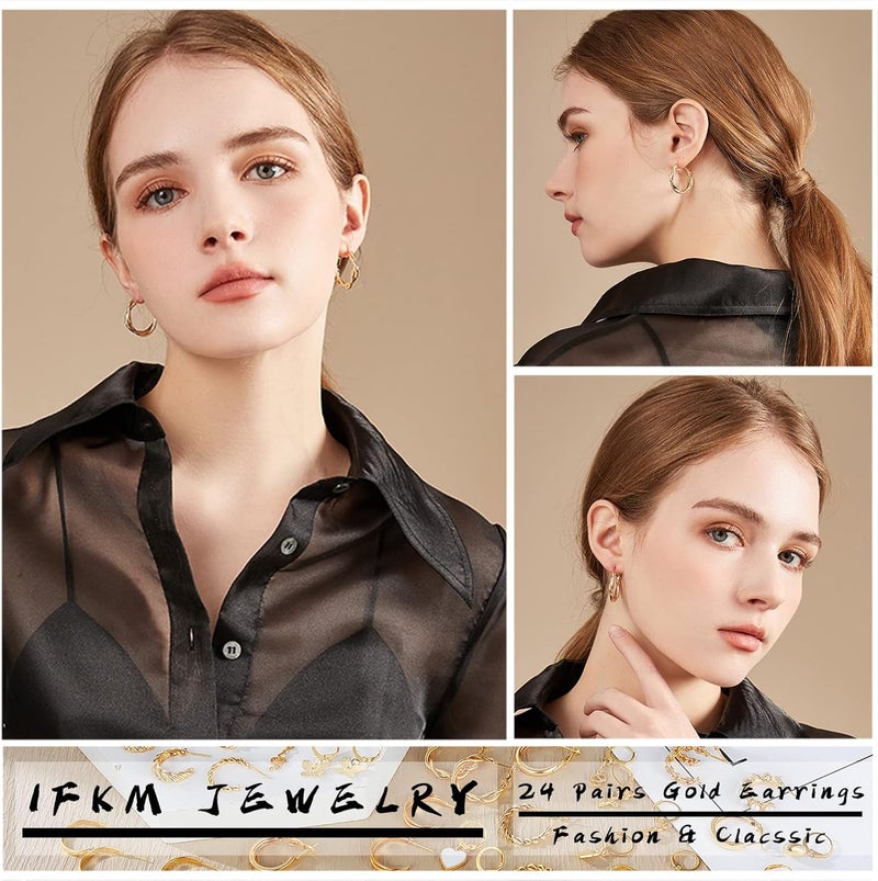 IFKM 24 Pairs Gold Hoop Earrings Set for Women Hypoallergenic Chunky Chain Twisted Open Hoops Dangle Earring Packs for Birthday Party Christmas Fashion Jewelry Gift - Image 2
